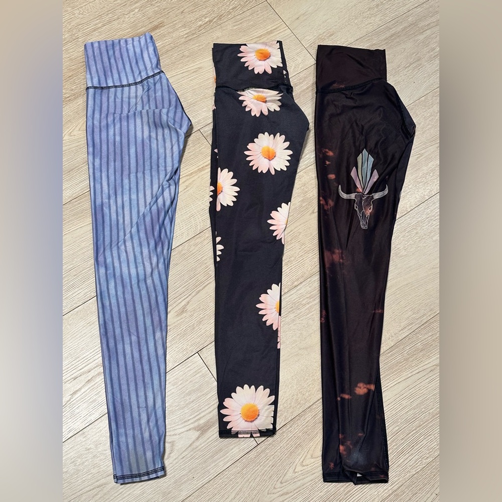 Teeki Women's Leggings Trio - Blue Stripe, Black Floral, Black Graphic